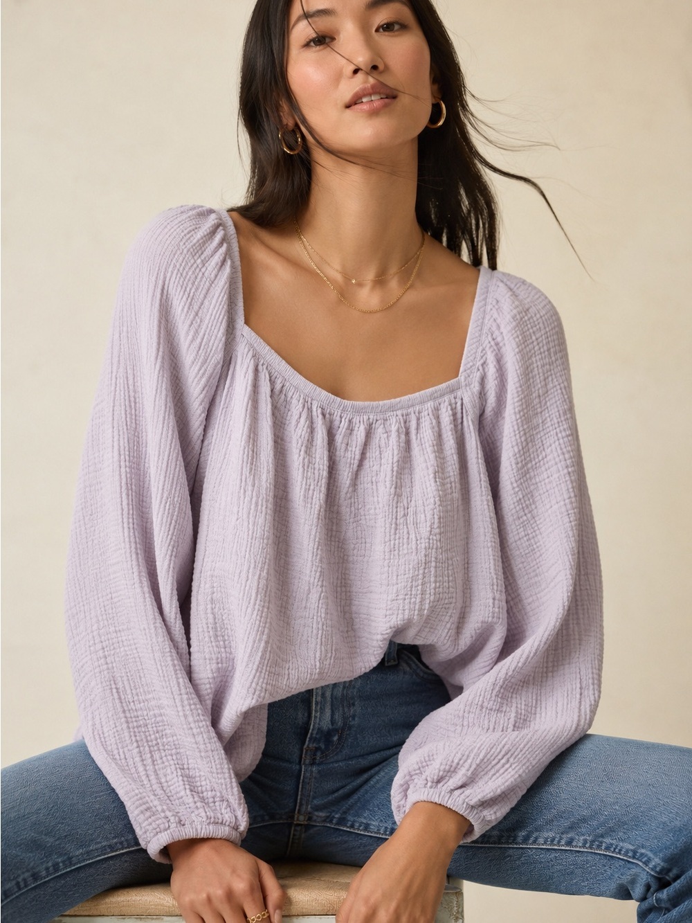 Anthropologie Cloth & Stone Lilac Gauze Square-Neck Peasant Top Size Small
